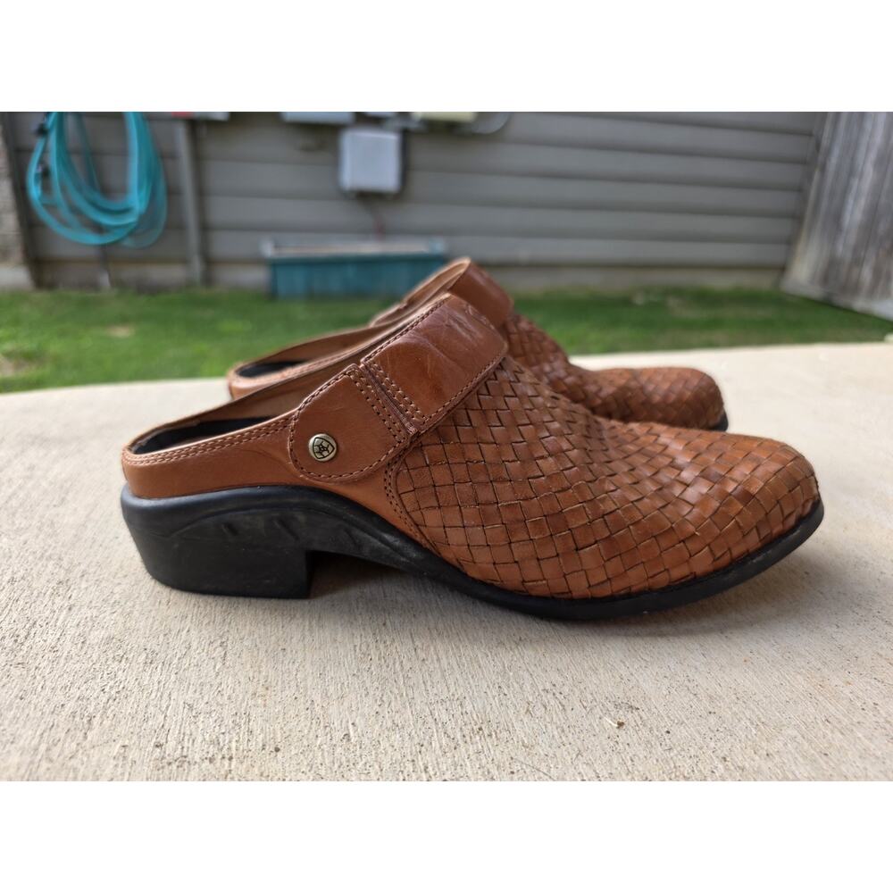 Ariat Mules Womens 8 Brown Leather Slingback Woven Clogs Western Cowboy Rodeo